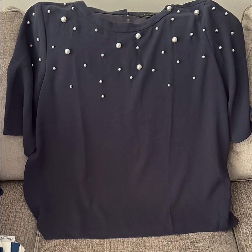 EUC Ann Taylor Navy Blue Pearl-Embellished Top Sz XL